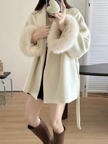 Women's Double-Sided Faux Fur & Wool Blend Coat - Shawl Collar, Tie Waist, Classic Casual, Suitable For Autumn/Winter - White - View 2