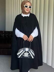 Poncho tip pelerină rezistentă la vânt din cașmir cu detalii și nasturi, culoare uni, casual elegant, poncho tip pelerină rezistentă la vânt din cașmir cu detalii și nasturi în față, ținută formală de seară - Negru - Vizualizare 8