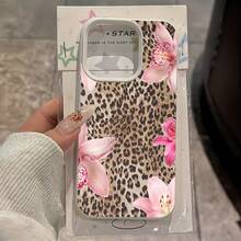 1pc White Leather Texture Minimalist Leopard Print, Pink Orchid & Hibiscus Pattern Phone Case, Suitable For IPhone 16 Pro Max, 15/14 Plus, 13, 12, 11