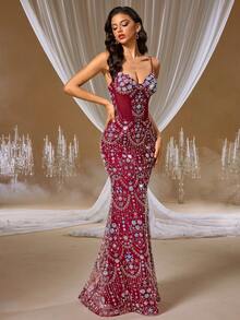 GIFORU Luxury Wine Red Sequin Spaghetti Strap Beaded Mermaid Dress, Fitted Silhouette, New Bride Wedding Gown, Formal Prom Gown, Women's Occasion Dress For Wedding, Party, Birthday - Hot Pink - View 6