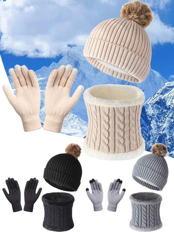 3pcs Women Simple Solid Vertical Stripe Knit Hat, Scarf And Gloves Set, Warm For Autumn/Winter, Christmas, Outdoor Casual Use