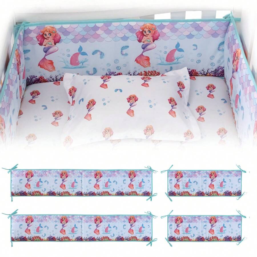 4 件套美人鱼婴儿床保险杠套装 - 透气网眼和柔软棉质安全垫，适用于婴儿床/幼儿床（新品）