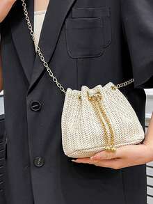 时尚抽绳女士单肩包大容量多功能钻石水桶包带链条可交叉包休闲多功能通勤包新娘包单肩斜挎包小众设计亮钻包派对、婚礼、派对女士晚宴包 - 彩色 - 查看 1