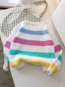 Girls' Colorful Striped Knit Pullover Sweater, Casual Everyday Wear, Suitable For Spring, Autumn, Winter - White - View 2