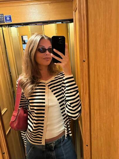 Cardigan a maniche lunghe lavorato a maglia con collo tondo, bottoni e blocchi di colore bianco e nero, per donna, stile casual e morbido, adatto per abbigliamento all'aperto, appuntamenti e tempo libero