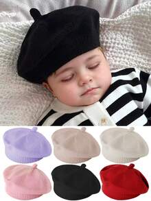 半件套纯色男女通用婴儿贝雷帽，新生儿幼儿艺术家帽，适合0-3岁宝宝，婴儿服装，婴儿秋/春季配饰，小女孩秋季服装，适合室内外，生日拍照道具装饰，婴儿礼物 - 彩色 - 查看 2