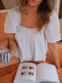 Women Eyelet Babydoll Shirt Top Blouse Y2K Floral Short Sleeve Square Neck Button Front Flowy T Shirts Crop Tops Summer Cute Cropped Peplum Tees Tops Casual Going Out Tops Vintage Aesthetic Clothes Beach Vacation Streetwear - 白色 - 查看 7