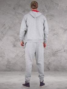 LoveMyFashions Men's 2pcs Set Tracksuit Full Sleeve Solid Color Drawstring Waist Zip Up Hoodie & Sweatpants Two Pieces Set With Pockets - Grey/Red - View 5