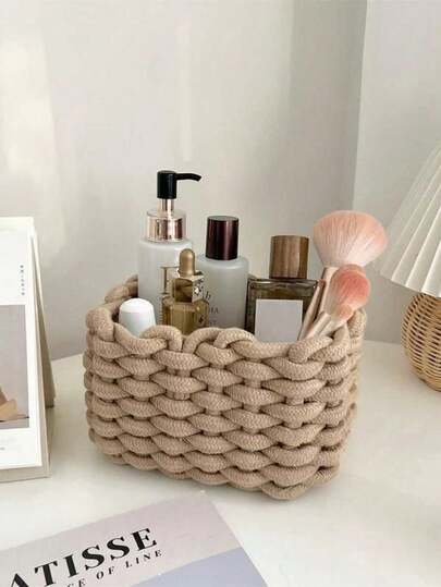 1 Pieza Cesta de almacenamiento de cosméticos de algodón tejido, caja de almacenamiento de artículos varios para escritorio, adecuada para dormitorio, sala de estar, estudio, oficina, regalo ideal