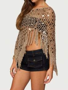 Women Tassels Knit Poncho Spark Sequined Off Shoulder Crochet Cape See-Through Beach Cover Up - 棕色 - 查看 2
