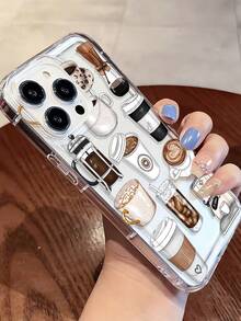 1pc Coffee Pattern Transparent TPU Shock-Absorbing Anti-Fall Anti-Fingerprint Phone Case Compatible With IPhone - Multicolor - View 2