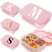Caja de almuerzo de plástico con 3 compartimentos y patrón de 26 letras, de gran capacidad, apta para microondas, contenedor de almacenamiento de alimentos, caja bento portátil con cuchara y tenedor, adecuada para picnic, oficina, aperitivos - Rosa - Ver 1