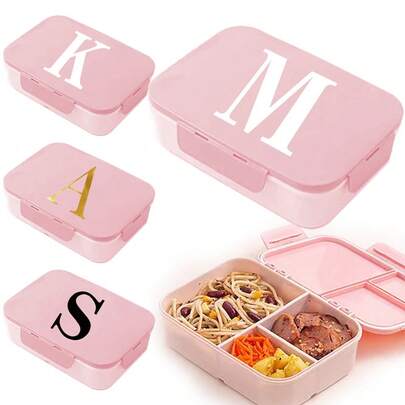 26字母图案三格塑料午餐盒，大容量，可微波炉加热，食品储存容器，便携式便当盒，带勺子和叉子，适合野餐、办公室、零食等场合。