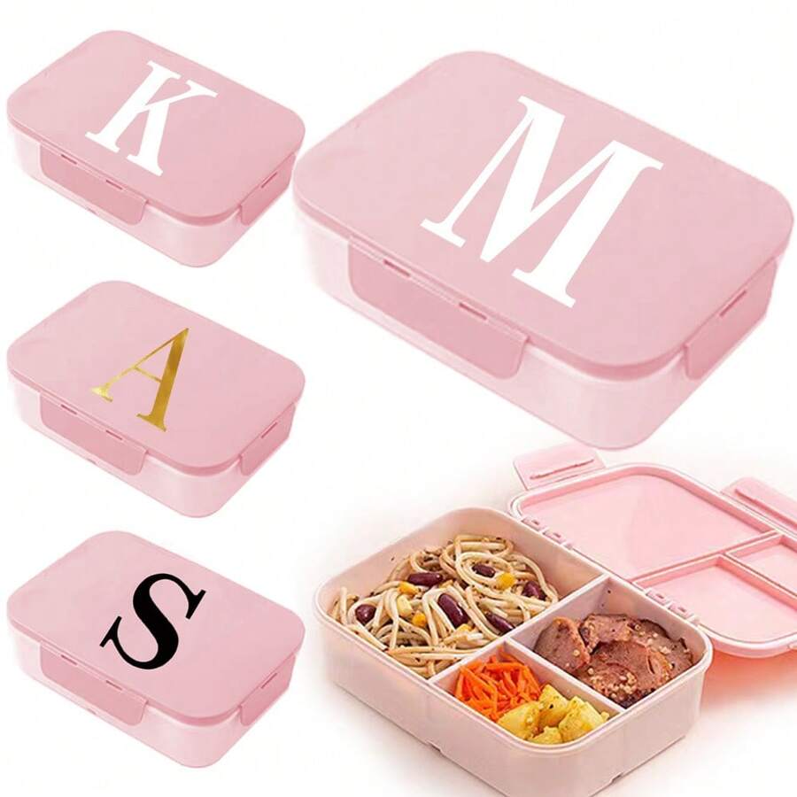Caja de almuerzo de plástico con 3 compartimentos y patrón de 26 letras, de gran capacidad, apta para microondas, contenedor de almacenamiento de alimentos, caja bento portátil con cuchara y tenedor, adecuada para picnic, oficina, aperitivos - Rosa - Ver 1