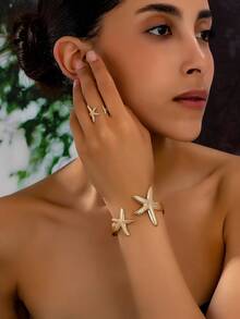 1 Set Minimalist Geometric Line Adjustable Bangle & Ring Set, Fashion Jewelry For Women