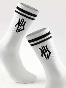 1/5 Pairs New 2024 Versatile Sports & Casual Mid-Calf Socks, Black Patterned Mid-Calf Socks, Fall Socks - Multicolor - View 3