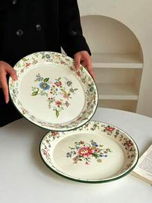 1 Stück Blumen-Emaille-Teller, französischer vintage Blumen-Frisch-Blau Dessert-Teller, Retro-Teller für Pasta, Frühstück, Obst, Suppenlöffel, geeignet für Restaurant, Wohnzimmer, Küche, Geschirr