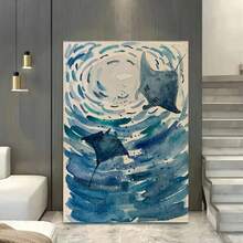 1pc, Abstract Watercolor Manta Ray Ocean Wall Art Canvas Print, Modern Marine Life Decor For Living Room, Tranquil Coastal Theme Underwater Artwork, Blue Aquatic Animal Home Decoration - 彩色 - 查看 5