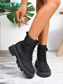 Women's Round Toe Lace-Up Side Zipper Black Combat Boots, New Autumn/Winter PU Leather Fashion Versatile Punk Boots, Multi-Functional Outdoor Non-Slip Boots