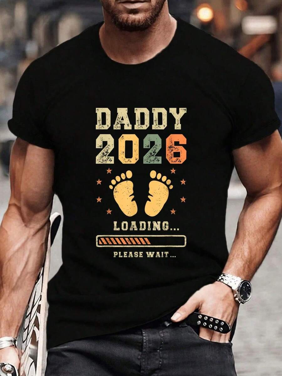 100% Cotton Daddy 2026 Loading, Baby Announcement, Expecting Dad To Be T-Shirt Women's Men's Classic Summer Vacation T-Shirt Crew Neck Tee - 黑色 - 查看 1