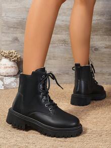 2026春秋冬新款女式踝靴，侧拉链踝靴，平底休闲女鞋，学院风女式踝靴，女式踝靴，白色女式踝靴，时尚女式踝靴，系带女鞋，女式踝靴，时尚女靴，百搭女式踝靴，保暖女靴 - 黑色 - 查看 2