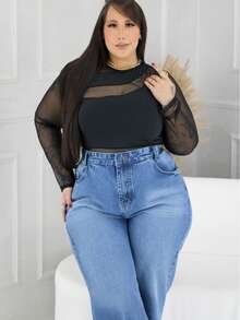 Women's Wide Leg Plus Size Jeans With Belt - Blue - View 4