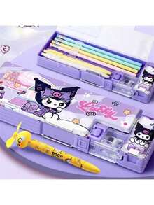 1pc Sanrio Kuromi Stationery Box, Multifunctional Cartoon Pencil Case With Ballpoint Pens, Colored Pencils, Ruler, Suitable For School And Office, Perfect Gift For Birthday, Christmas, Thanksgiving