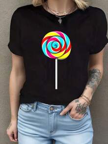 Camisetas divertidas con diseño de piruleta para hombres y mujeres, camisetas casuales de moda, camisetas de cuello redondo a para mujer. Camiseta de manga corta de algodón de 220 g, impresión por una cara - Negro - Ver 1