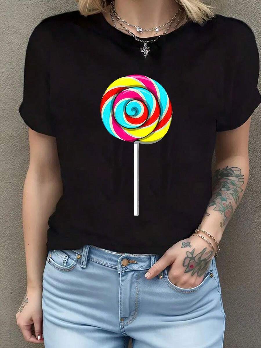 Camisetas divertidas con diseño de piruleta para hombres y mujeres, camisetas casuales de moda, camisetas de cuello redondo a para mujer. Camiseta de manga corta de algodón de 220 g, impresión por una cara - Negro - Ver 1
