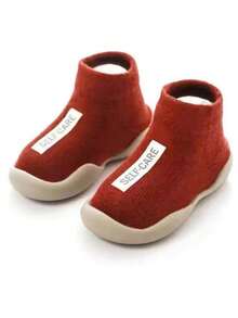 1 Pair Solid Color Anti-Slip Toddler Socks With Leather Sole, 0-4 Years Old