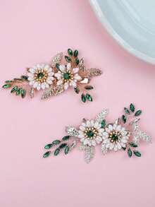 1 pieza Pinza para el cabello nupcial hecha a mano de aleación de oro y perla con flor, accesorio para el cabello de fiesta de boda - Verde - Ver 5