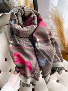 1pc Houndstooth & Horse Pattern Jacquard Knit Scarf, High-Quality Warm Scarf For Women, Suitable For Air-Conditioned Rooms, Fashion Versatile Neck Warmer For Autumn/Winter Women Winter Scarves For Dress - Multicolor - View 5