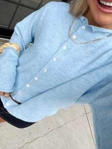 Women Y2k Crew Neck Cardigan Sweater Long Sleeve Button Down Solid Color Top Fall Casual Vintage Lightweight Knitwear - 淺藍色 - 查看 5