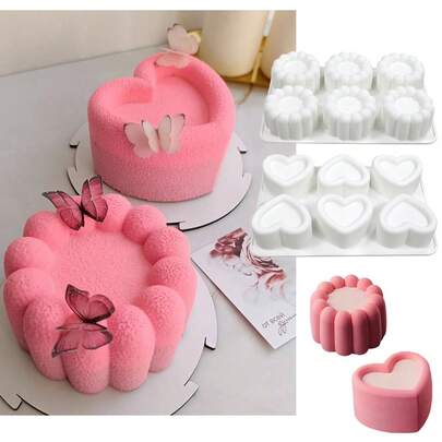 Molde de silicona con forma de corazón/flor para tartas mousse, molde de tarta con borde de encaje en forma de corazón/flor/cuadrado/estrella cóncava, molde de silicona reutilizable para postres, helados, chocolates, jabones, molde para hornear pasteles mousse 3D, magdalenas, gofres, suministros de cocina para hornear, molde para tartas para el Día de San Valentín, bodas y fiestas, plantilla
