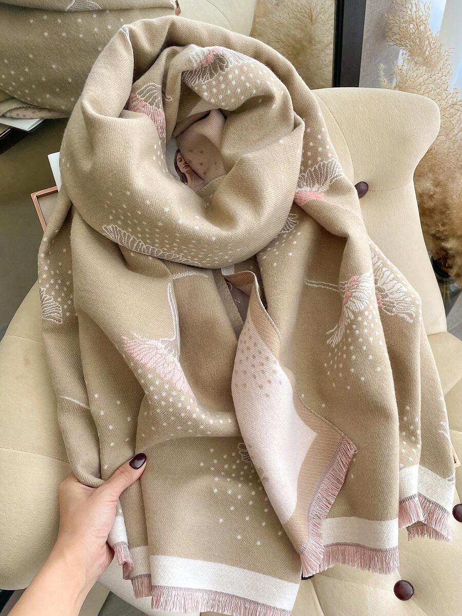 1pc Floral Jacquard Knit Faux Cashmere Warm Scarf/Wrap For Women, Versatile Fashion Accessory For Autumn/Winter, Suitable For Decoration Scarfs For Dress - Dandelion Khaki - View 1