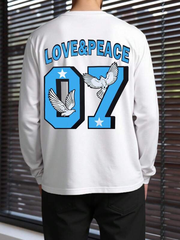 Men's Round Neck Long Sleeve T-Shirt, Peace Print, Suitable For Casual Everyday Wear, Autumn/Winter