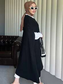 Poncho tip pelerină rezistentă la vânt din cașmir cu detalii și nasturi, culoare uni, casual elegant, poncho tip pelerină rezistentă la vânt din cașmir cu detalii și nasturi în față, ținută formală de seară - Negru - Vizualizare 3