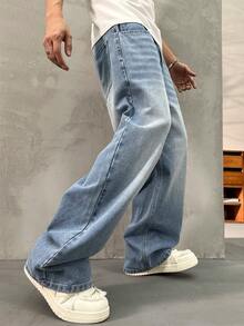 Autumn/Winter Thick Casual Loose Fit Men's Thermal Lined Jeans, Suitable For Everyday Wear - Light Wash - View 5