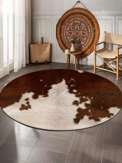 1pc Round Printed Faux Leather Texture Carpet - Super Soft & Comfortable, Suitable For Bedroom, Living Room, Study, Office, Foyer, Can Be Used As Doormat, Modern Polyester Absorbent Rug, Machine Washable, Suitable For Living Room - Indoor Year-Round Home Decor, Round Bedroom Rug, Bedside Rug, Decorative Rug, Round Rug, Home Decor | Bedroom Decor | Autumn/Winter Decor