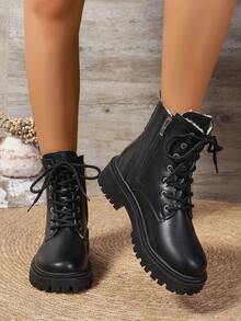 2026春秋冬新款女式踝靴，侧拉链踝靴，平底休闲女鞋，学院风女式踝靴，女式踝靴，白色女式踝靴，时尚女式踝靴，系带女鞋，女式踝靴，时尚女靴，百搭女式踝靴，保暖女靴 - 黑色 - 查看 5