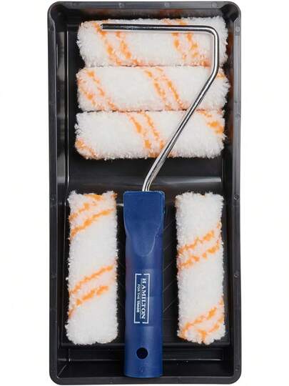 Hamilton For The Trade 7 Piece Medium Pile Paint Roller Set With Tray, 4", White/Orange/Blue