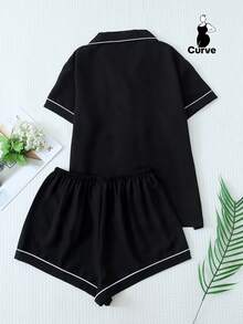 2pcs Women Plus Size Summer Solid Color Contrast Trim Collar Pocket Heart Embroidery Button Up Top And Bow Shorts Pajama Set, Suitable For Home Use