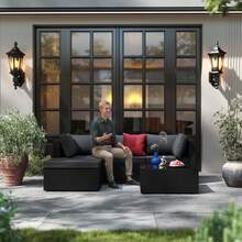 LILIIN Polyrattan Garden Furniture Set Outdoor Lounge Balcony Furniture Garden Lounge With 3-Seater Sofa, Table, Armchair, Stool, Seat Cushion, Weatherproof, Terrace Furniture Seating Group For Garden, Balcony And Patio, Black - 黑色 - 查看 8