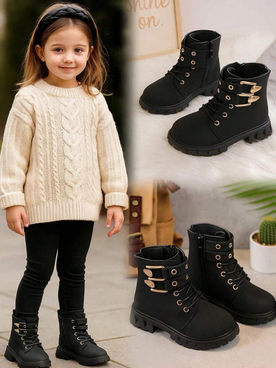 1 双靴子，橡胶软底，增高，舒适内衬，金色双扣装饰，易穿脱系带拉链设计，柔软 PU 圆头，适合 3-15 岁男孩和女孩，户外徒步露营，2025 年秋冬新款