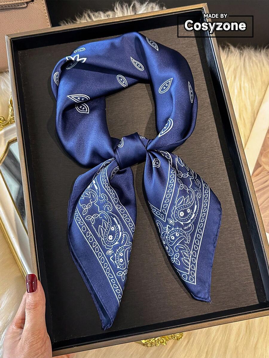 1pc Paisley Print Faux Silk Men's Bandana, Versatile Neck Scarf, Headwrap, Accessory - Navy Blue - View 1