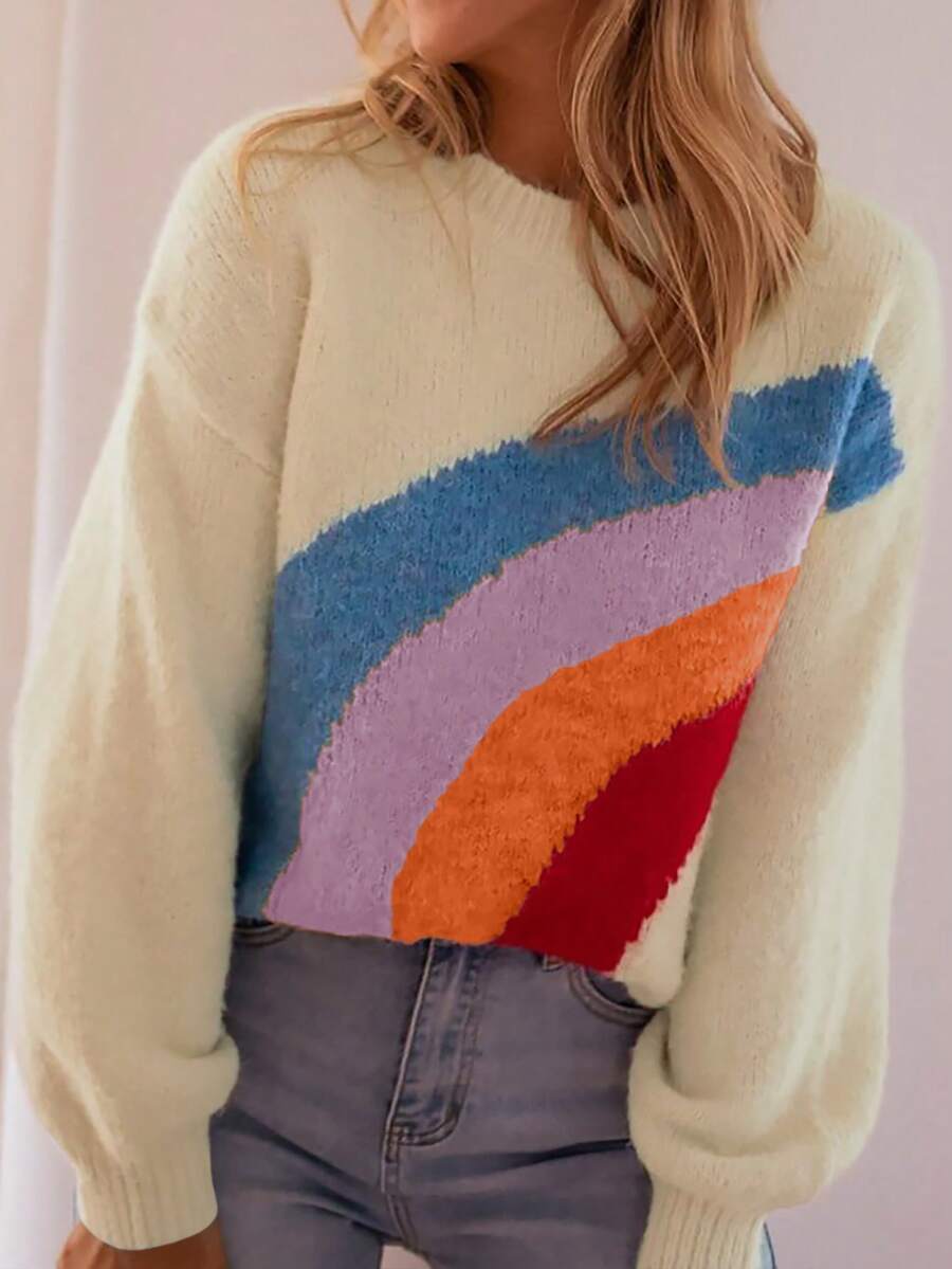 Women's Colorblock Rainbow Patchwork Design Casual Loose Fit Crew Neck Sweatshirt, Fashion, Autumn/Winter - Multicolor - View 1