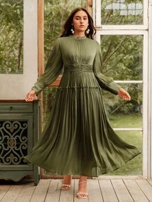 Anewsta Vestido de Manga Longa Plus Size Feminino com Cintura Franzida, Gola Alta, Design de Manga Bufante, Vestido de Gala - Verde Oliva - Visão 2