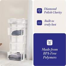 HOMZ Drawer Tower, 6-Tier Clear Plastic Storage Organizer Cart, White Frame - Heavy-Duty Organizing Drawers For Home, Bedroom, And Closet Organization