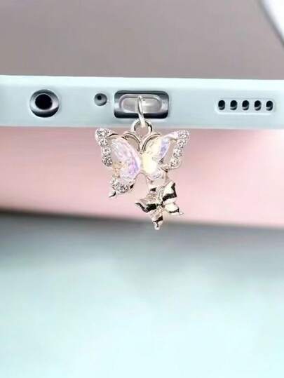 1pc Rhinestone 3D Golden Butterfly Charging Port Dust Plug, Exquisite Fresh Sweet Cute Fashion Alloy Pendant Charm, Smartphone Tablet Earphone Kindle Charging Port Decor Accessory, Silicone Transparent Dust-Proof Plug, Suitable As A Small Gift, Waterproof And Anti-Dust For Phone Charging Port, Compatible With IPhone Lightning/Type-C And Other Android/Apple 17/16/15 Series, Firmly Protects Charging Port