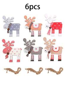 6 piezas de adornos de renos de madera para el árbol de Navidad - Decoración con pintura colorida, decoraciones rústicas fáciles de colgar para el hogar y fiestas